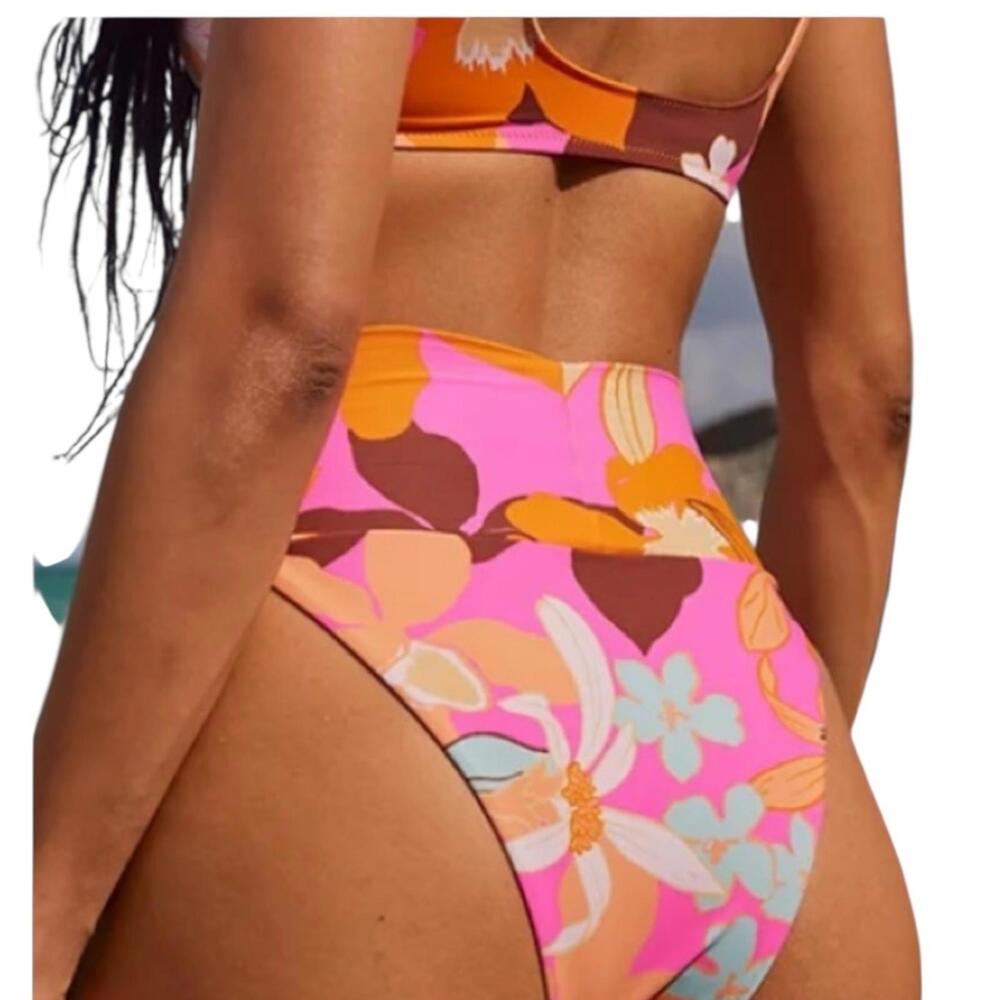 Aerie Swim Bottom Womens Pink Floral Banded High Cut Cheeky Bikini Tropical XXL - Picture 2 of 10